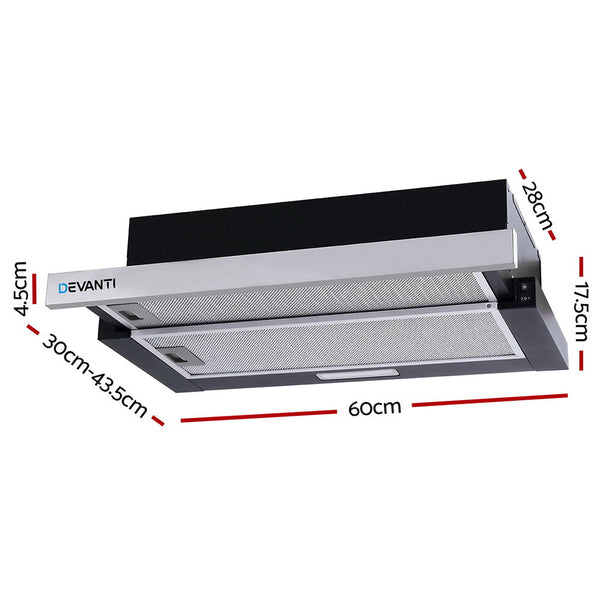 Devanti Rangehood Hood Stainless Steel Slide Out Kitchen Canopy 60Cm 600Mm Black