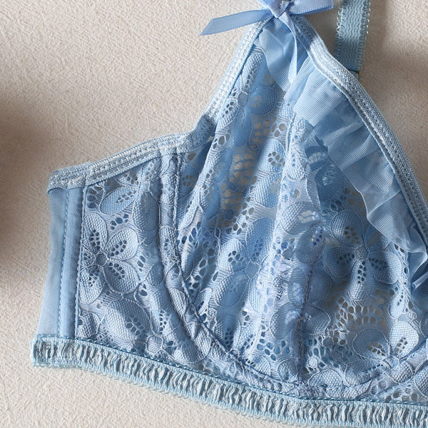 Feminine Bows Sexy Blue Lace Lingerie Set Bra Underwear Women