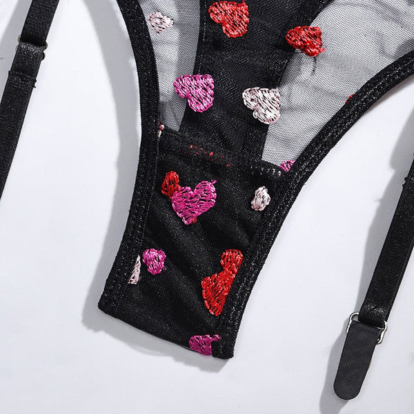 Ruffle Hearts Transparent 3 Piece Erotic Lingerie Women Valentine's Day