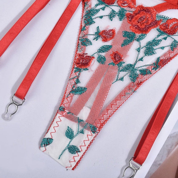 Romantic Red Roses Floral Sheer Sexy Lingerie Set Women