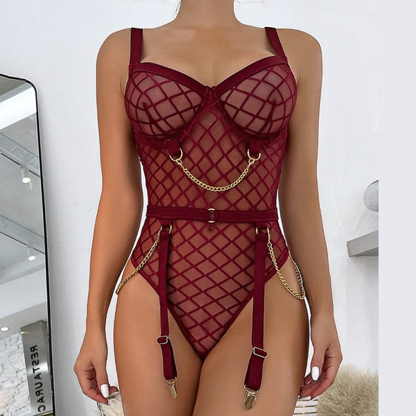 Plaid Chains Open Crotch See Through Sexy Bodysuit Fetish Lingerie
