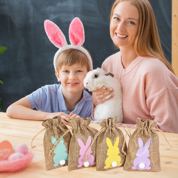 6Pcs Linen Easter Burlap Candy Bags Bunny Pattern Jute Party Gift Snack Pack