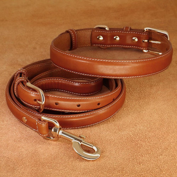 Genuine Leather Dog Collar And Leash Set Soft Durable Plain Dogs Collars Adjustable For Medium Large