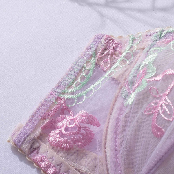 Light Purple Floral Embroidery Cute Feminine Lingerie Set Bra Panties Garter