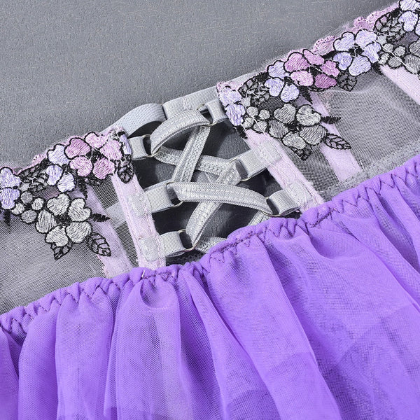 Beautiful Spring Flowers Purple Ruffle Skirt Sheer Sexy Lingerie Set Women