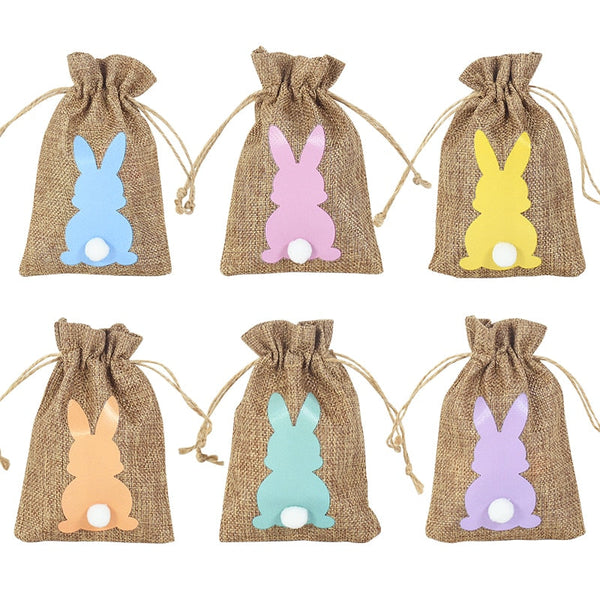 6Pcs Linen Easter Burlap Candy Bags Bunny Pattern Jute Party Gift Snack Pack
