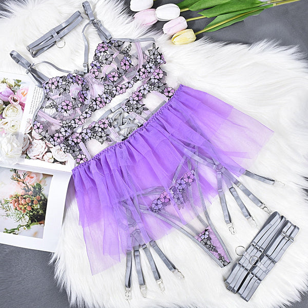 Beautiful Spring Flowers Purple Ruffle Skirt Sheer Sexy Lingerie Set Women