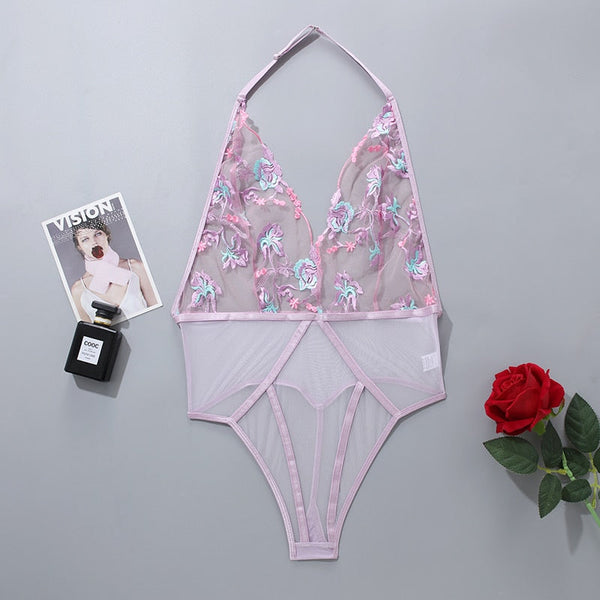 Sexy Pink Lingerie Floral Embroidery Transparent Sheer Bodysuit Women
