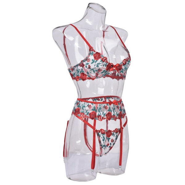 Romantic Red Roses Floral Sheer Sexy Lingerie Set Women
