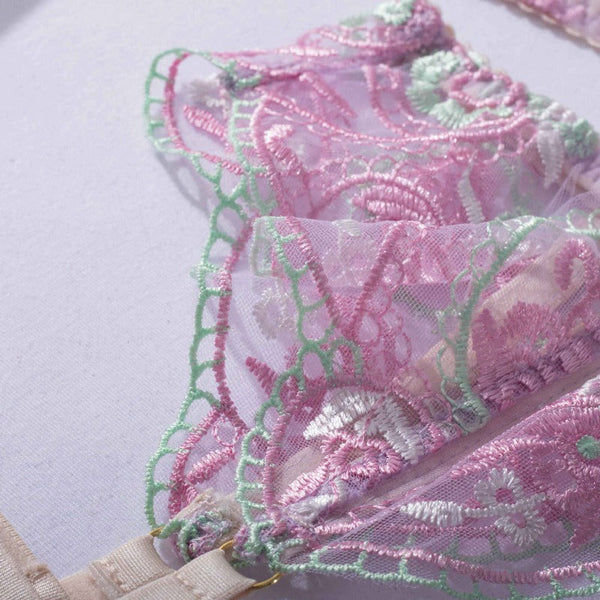 Light Purple Floral Embroidery Cute Feminine Lingerie Set Bra Panties Garter