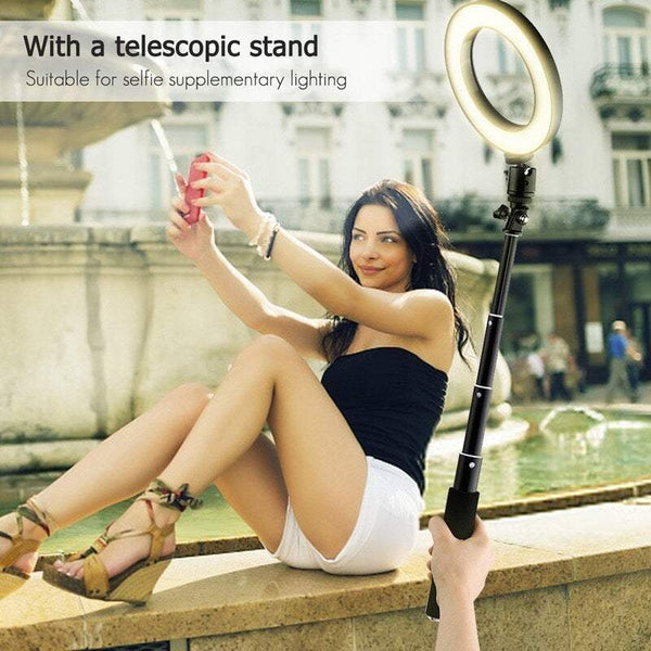 Camera Tripods Gimbals Selfie Sticks Light 8 Inch Desktop Mini Led Video Ring Lamp Dimmable 3 Lighting Modes Usb Powered With Telescopic Stand For Network Broadcast Facial Makeup