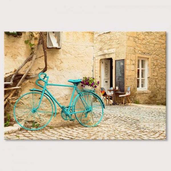 7Wu10072436 Retro Blue Bicycle Flowers Basket Painting Home Decor Printing With Pine Frame Multi 60X40cmx1pc