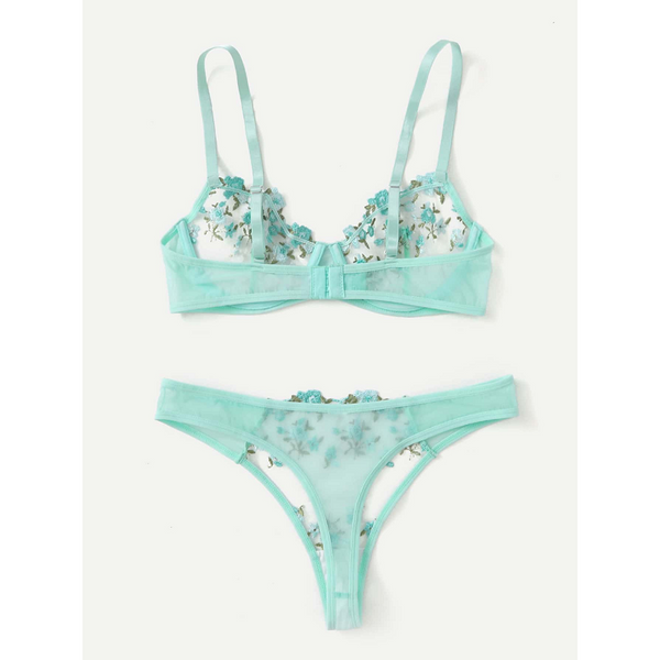 Sexy Sheer Delicate Floral Embroidery Transparent Lingerie Bra Panties Set