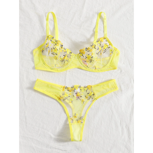 Sexy Sheer Delicate Floral Embroidery Transparent Lingerie Bra Panties Set