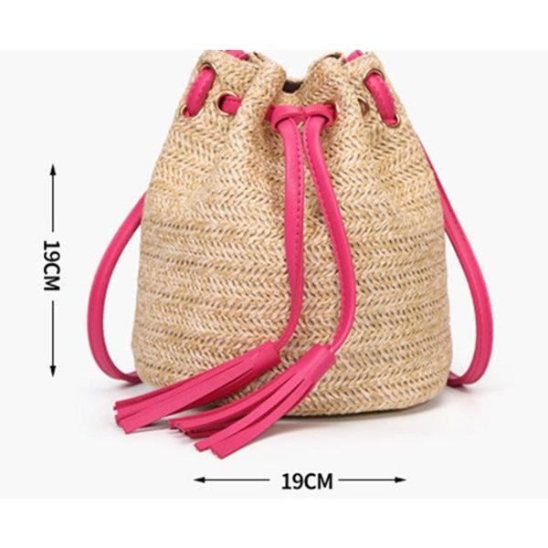 Little Summer Beach Bag Girls Fashion Top Handle Handbag Double Fringed Bucket Messenger Pink