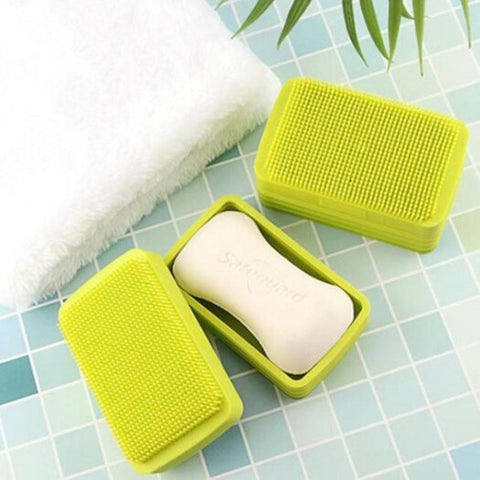 Silicone Soap Box With Lid Creative Double Sided Multi Functional Shower Brush Yellow Green