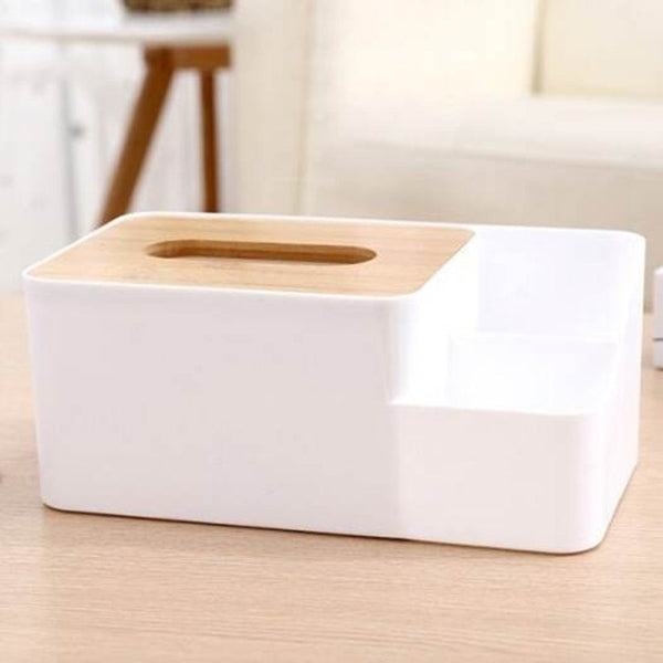 Simple Wooden Cover Tissue Box Desktop Sub Grid Storage Bin White Small Size