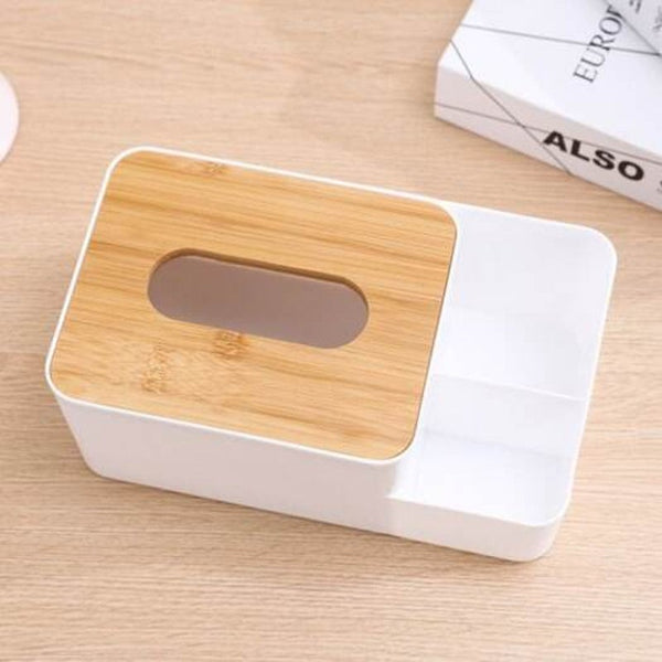Simple Wooden Cover Tissue Box Desktop Sub Grid Storage Bin White Small Size