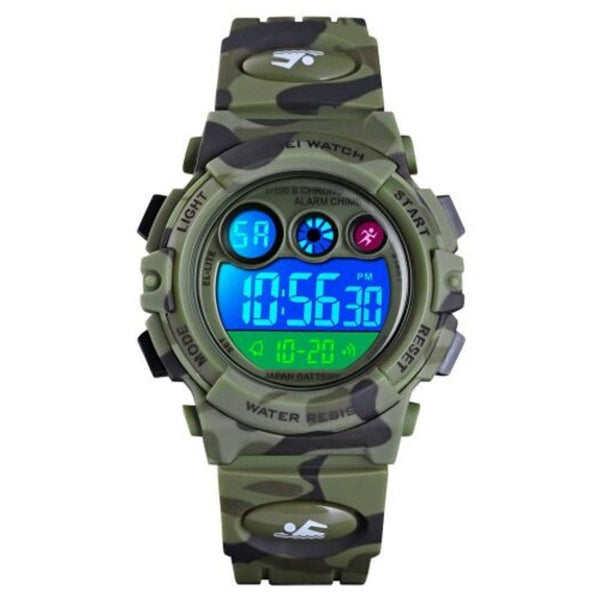 Skmei Kids Colorful El Light Digital Children Pu Strap Alarm Clock Watch For Boy Woodland Camouflage