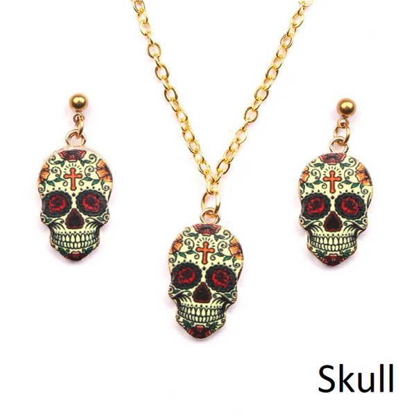 Skull Head Stud Earrings Necklace Jewelry Sets Funk Party Statement Jewellery