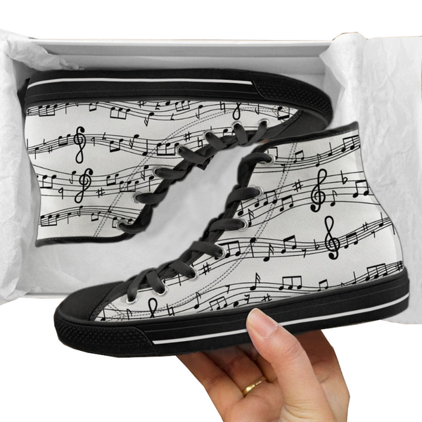 Music Theme High Top Lace Up Canvas Sneakers Shoes Women Notes Piano Guitar