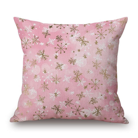Snowflakes On Pink Cotton Linen Pillow Cover