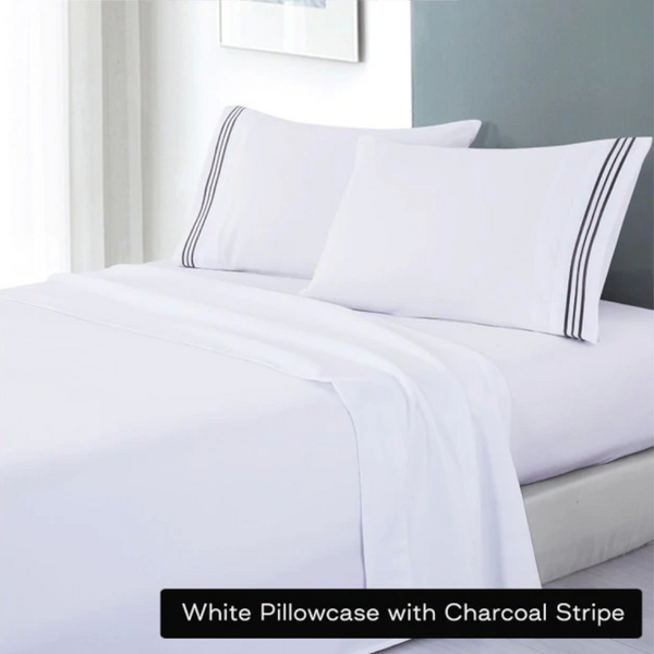 Soft Microfibre Embroidered Stripe Sheet Set Queen White Pillowcase Charcoal