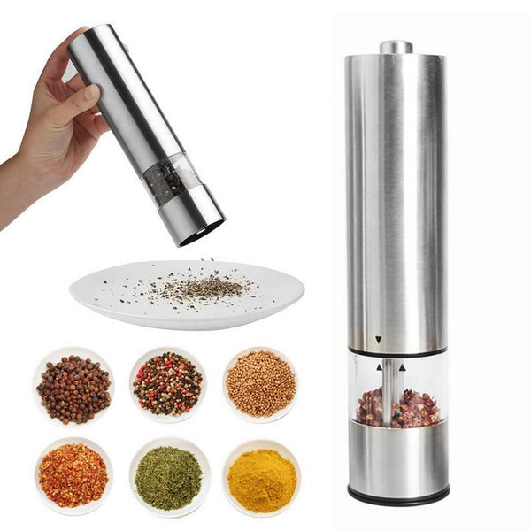 Set Of Two Stainless Steel Electric Pepper And Salt Spice Grinder