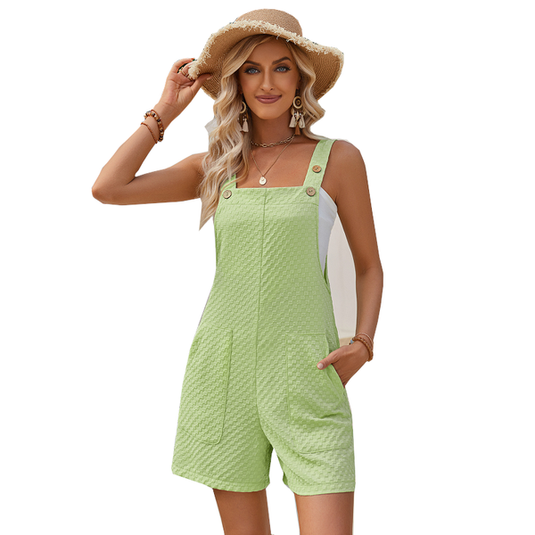 Sweet Waffle Jumpsuit Girls Summer Sleeveless Button Design Straight Solid Color