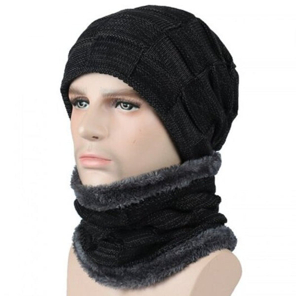 T0174 Men's Fall Winter Keep Warm Hat Set With Scarf Checkered Thick Design Skullies Beanie Black