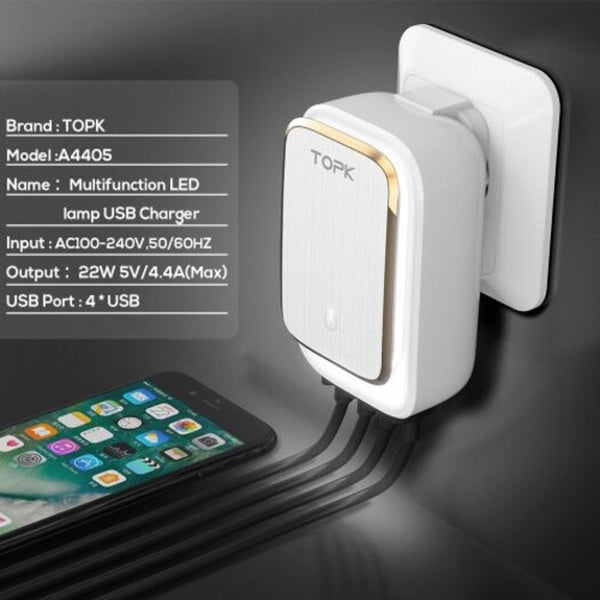 4 Port 4.4A 22W Uk Us Charger Adapter Led Lamp Auto Id Travel Wall For Iphone Xiaomi