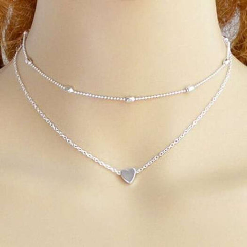 Two Piece Layered Heart Collarbone Necklace Set Silver