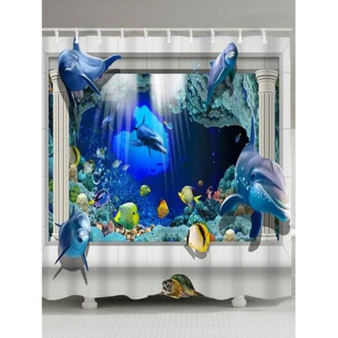Underwater World Dolphins Shower Curtain Blue W59 Inch L71