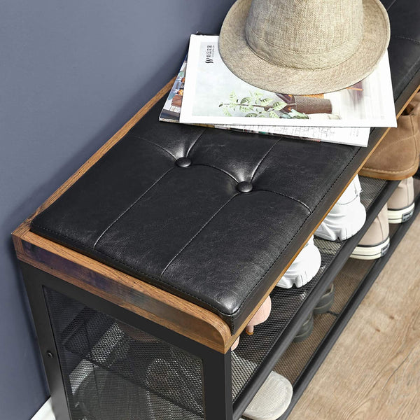 Shoe Bench With Mesh Shelf And Faux Leather Vintage Brown Black 80 X 30 48 Cm