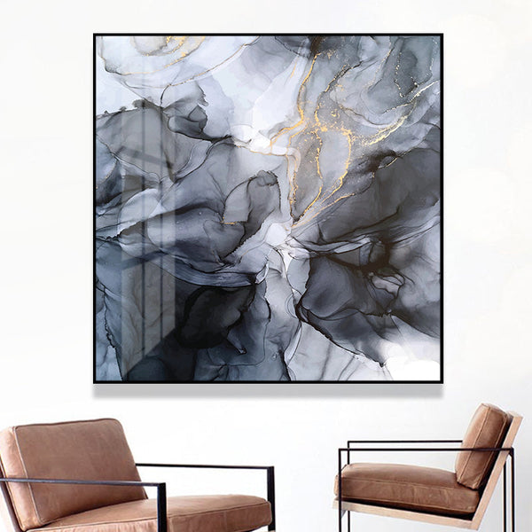 Wall Art 50Cmx50cm Marbled Black Grey Frame Canvas