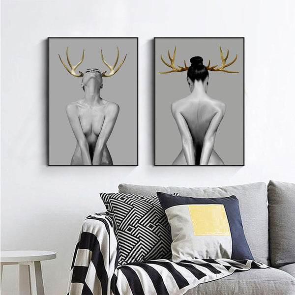 Wall Art 60Cmx90cm Girl With Gold Horn 2 Sets Black Frame Canvas