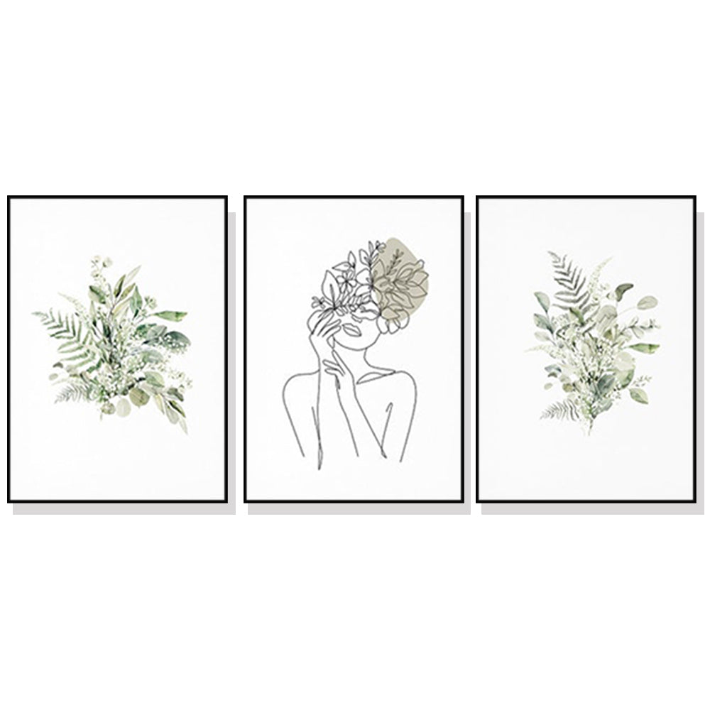 Wall Art 50Cmx70cm Botanical Line Girl 3 Sets Black Frame Canvas
