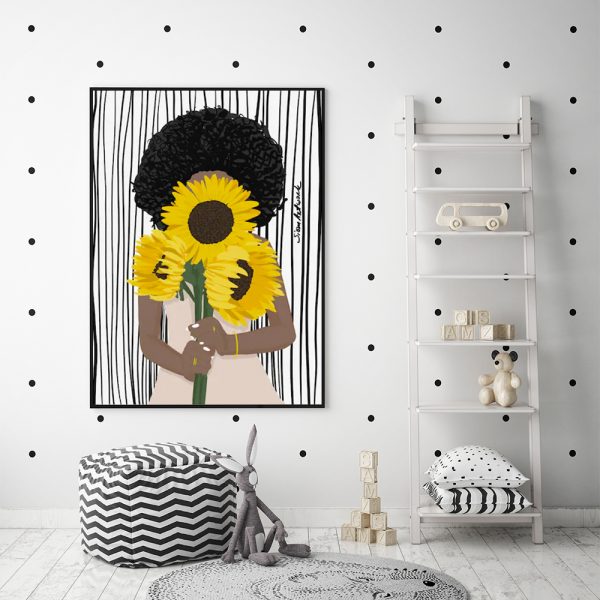 Wall Art 50Cmx70cm African Woman Sunflower Black Frame Canvas