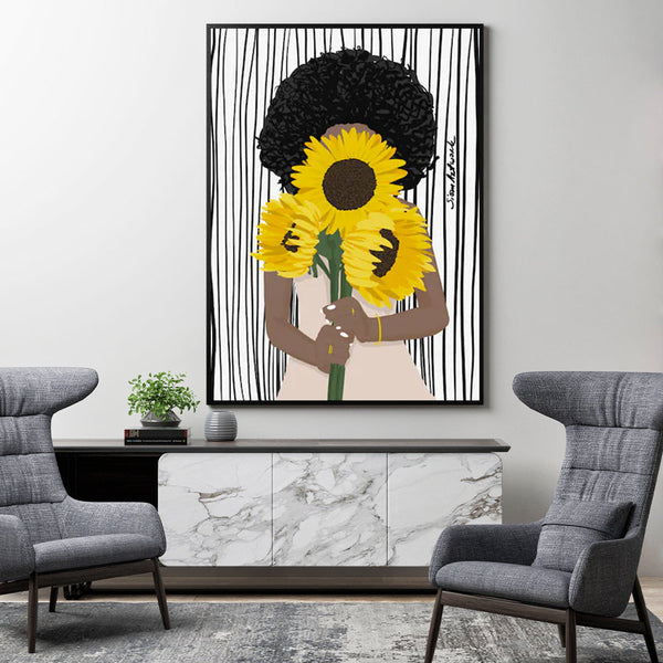 Wall Art 60Cmx90cm African Woman Sunflower Black Frame Canvas