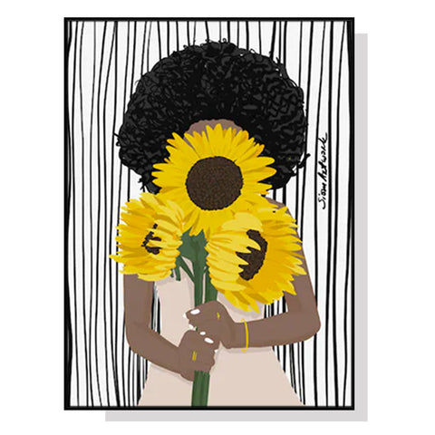 Wall Art 80Cmx120cm African Woman Sunflower Black Frame Canvas