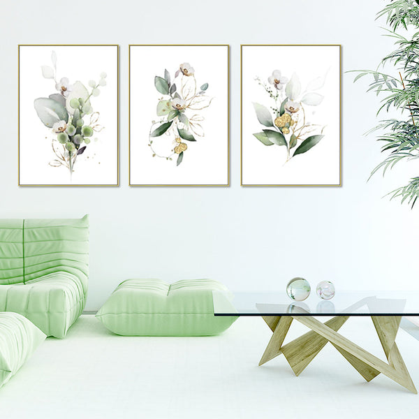 Wall Art 40Cmx60cm Green And Gold Watercolor Botanical 3 Sets Frame Canvas