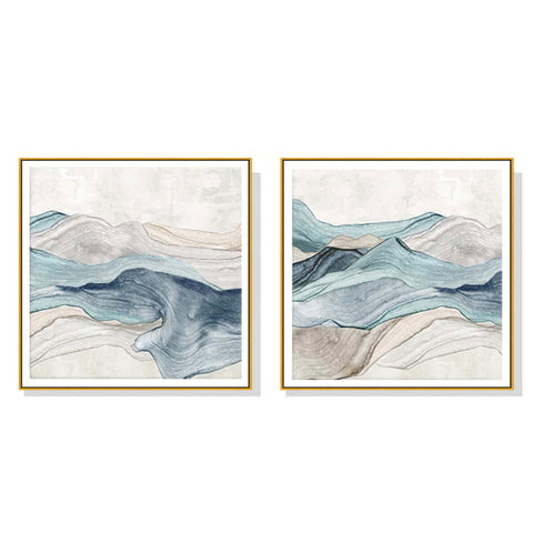 Wall Art 50Cmx50cm Blue Mountain 2 Sets Gold Frame Canvas