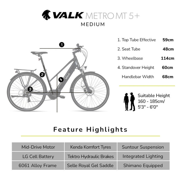 Valk 2023 Metro Mt 5 + Electric Hybrid Bike, Mid-Drive, Mixte Frame, Medium, Dark Grey