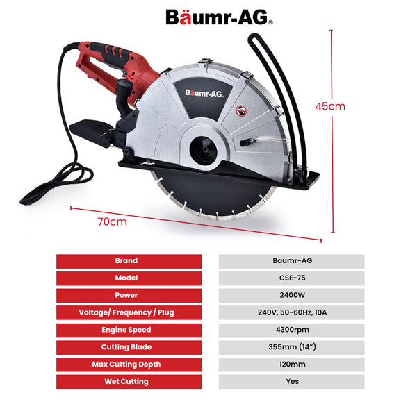Baumr-Ag 2400W Electric Concrete Saw 355Mm Demolition Cutter Wet Dry Tool Circular Cutting