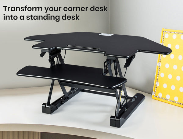 Fortia Corner Desk Riser 110Cm Wide Adjustable Sit To Stand Dual Monitor, Keyboard, Laptop, Black