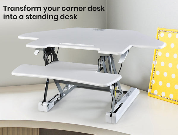 Fortia Corner Desk Riser 110Cm Wide Adjustable Sit To Stand Dual Monitor, Keyboard, Laptop, White