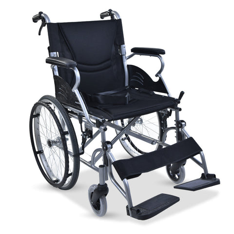 Equipmed 20 Inch Folding Wheelchair Lightweight Aluminium Portable With Park Brakes, Black