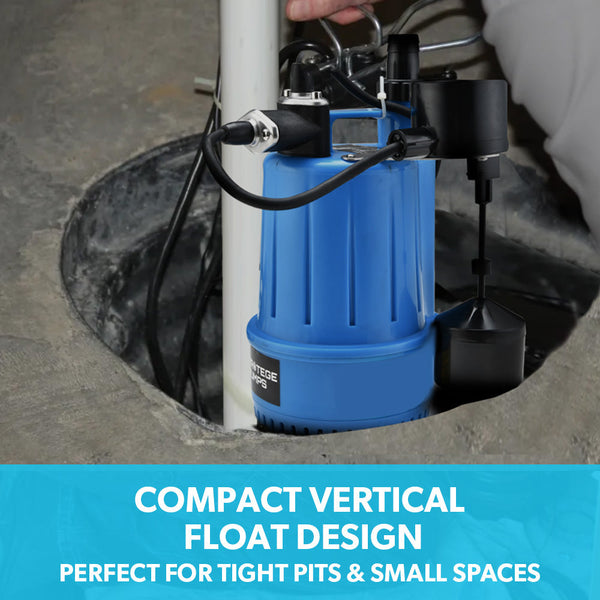 Protege Tight Access Clean/Grey Water Submersible Sump Pump, Vertical Float Switch