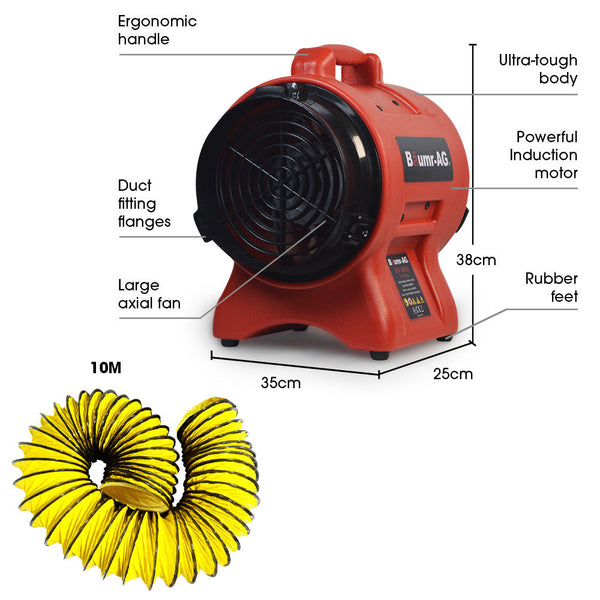 Baumr Baumr-Ag 200Mm (8 Inch) Portable Axial Air Mover Blower Fan With 10M Ventilation Duct