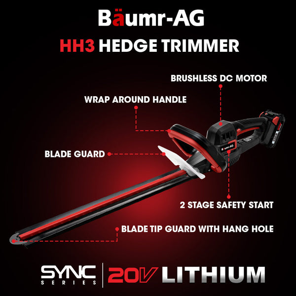 Baumr Baumr-Ag 20V Cordless Electric Hedge Trimmer Shrub Cutter With Rechargeable Battery & Charger Kit